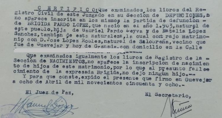 Detalle del certificado, de 1958, que confirma que su defunción no estaba inscrita en Registro Civil.