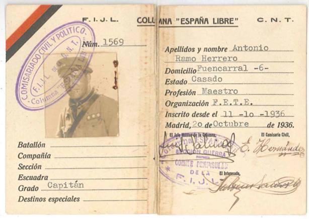 Carnet de Antonio Ramos Herrero en el que consta que el 11 de octubre entró en la milicia popular de la CNT, 'Columna España Libre' en calidad de capitán.
