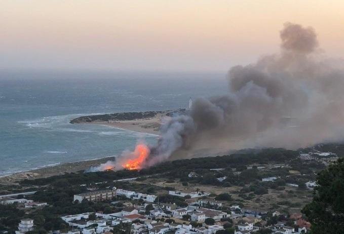 Incendio ayer en el Pinar de los Caños de Barbate, donde se ha autorizado una macrourbanización de más de 400 viviendas.