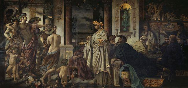 Pintura de Anselm Feuerbach que representa la llegada de Alcibíades (1871–1874).