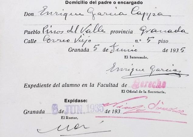 Extracto de la ficha del expediente de Derecho de Enrique García Fernández, asesinado junto a padre.