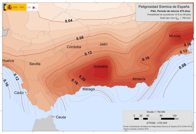 Mapa de peligrosidad sísmica, en el que destaca Granada. 