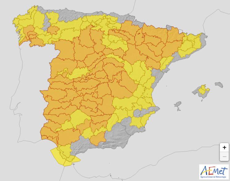 Previsión de Aemet para este miércoles, con la mayor parte de España en aviso naranja por calor