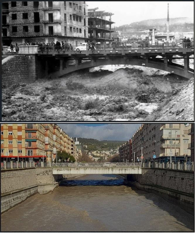 Comparación del nivel de la riada del 18 de febrero de 1963 bajo el antiguo puente del Camino de Ronda y ayer por la tarde. Furia frente a control.