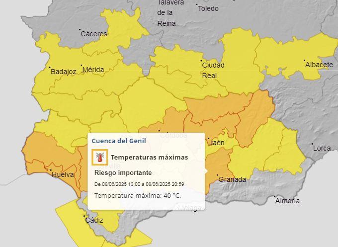 Mapa de avisos de Aemet para este domingo, con recuadro informativo de la cuenca del Genil.