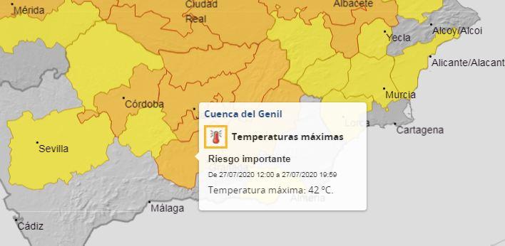 Mapa de Aemet con el aviso naranja en la Cuenca del Genil Mapa de Aemet con el aviso naranja en la Cuenca del Genil.