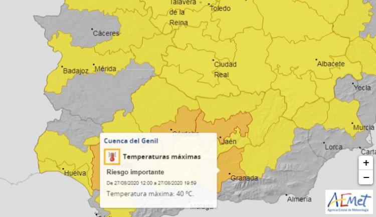 Mapa de Aemet con el aviso naranja para la Cuenca del Genil. 