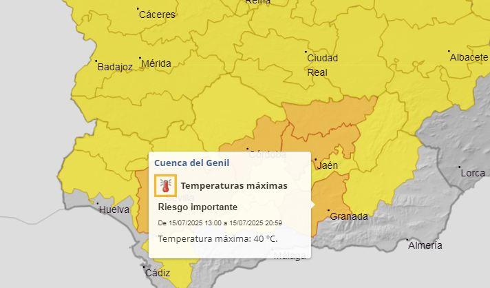 Mapa de avisos en el sur peninsular para este martes, con detalle de la cuenca del Genil