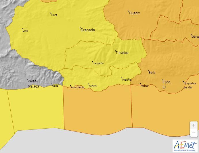 Mapa de avisos meteorológicos en la provincia de Granada. 