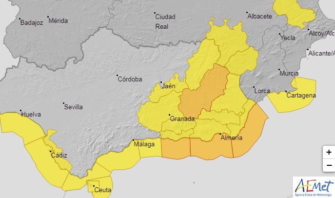 Mapa de avisos de Aemet en Andalucía.