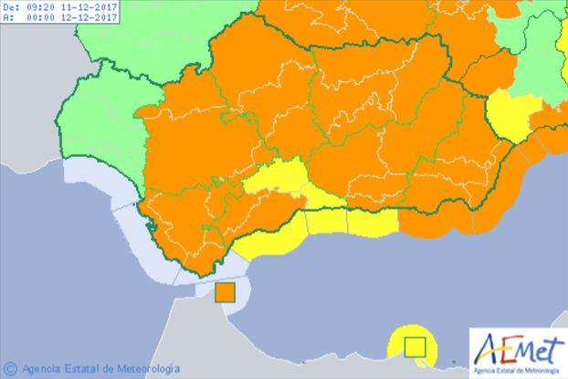 La mayor parte de Andalucía, en aviso naranja este lunes.