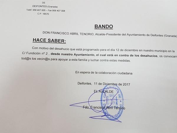 Bando del alcalde pidiendo la colaboración vecinal contra el desahucio.