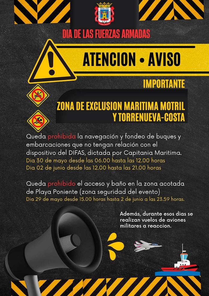 Cartel de avisos del Ayuntamiento de Motril por el Día de las Fuerzas Armadas. 