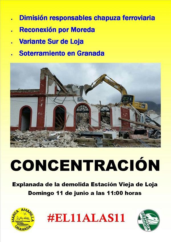 Cartel con la imagen del derribo de la estación de Loja.