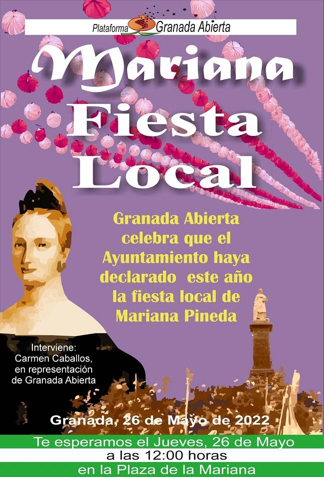 Cartel de Granada Abierta animando a celebrar la Fiesta de Mariana Pineda.