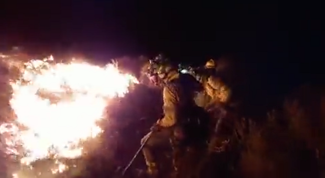 Operarios del Infoca combatiendo las llamas sobre el terreno en Gualchos.