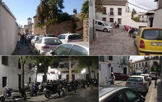 Coches y motos copan las calles del Albaicín, barrio Patrimonio de la Humanidad.