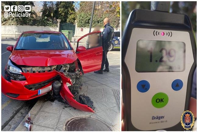 Imagen del vehículo y de la prueba de alcoholemia difundida por la Policía Local.