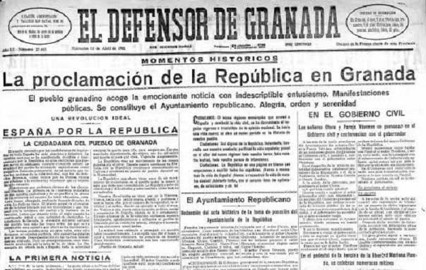 Detalle de la publicación El Defensor de Granada con la noticia de la proclamación de la II República. 
