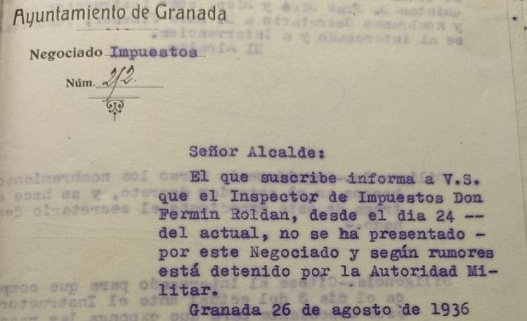 Detalle del expediente de Fermín Roldán en el Archivo Municipal.