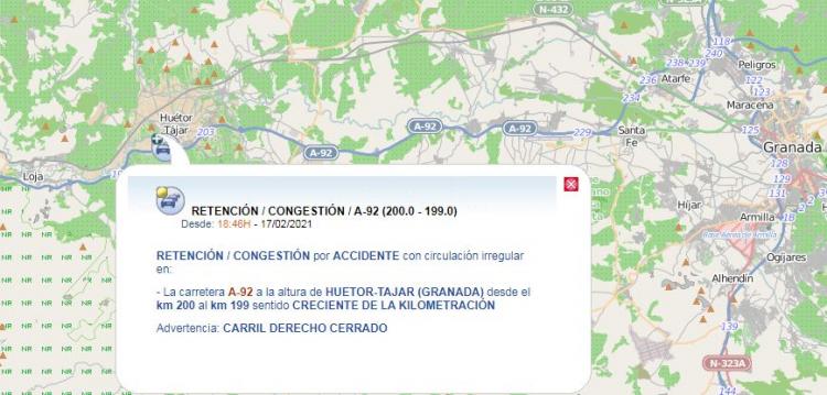 Captura de la incidencia de tráfico en la A-92 por el accidente.