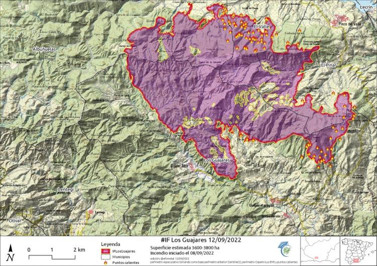 Estimación del perímetro y superficie afectada por el incendio este lunes.