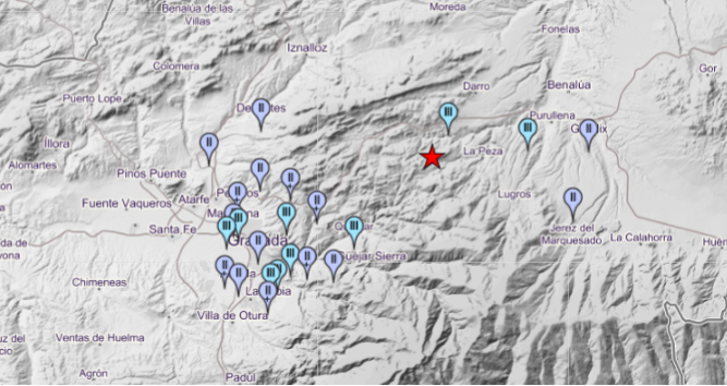 Mapa con las localidades donde se ha sentido el terremoto.