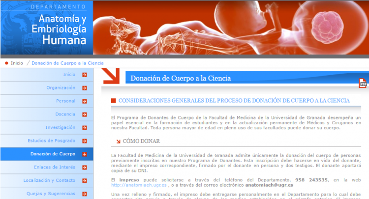Captura de pantalla de la web de la Facultad de Medicina con los trámites para la donación.