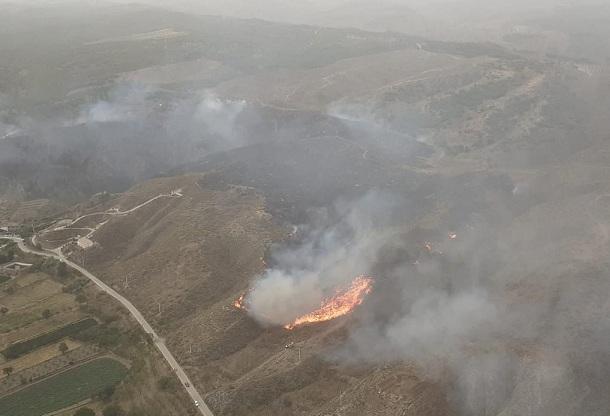 Imagen del incendio de Caniles, con las llamas cerca de la carretera. 