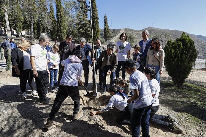 Alumnado del colegio Gómez Moreno planta cipreses junto a la Abadía.