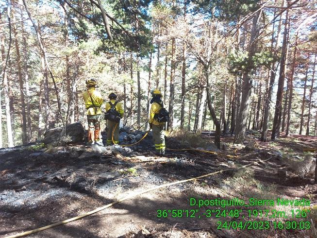 Bomberos en la zona del fuego, dentro del espacio natural de Sierra Nevada.
