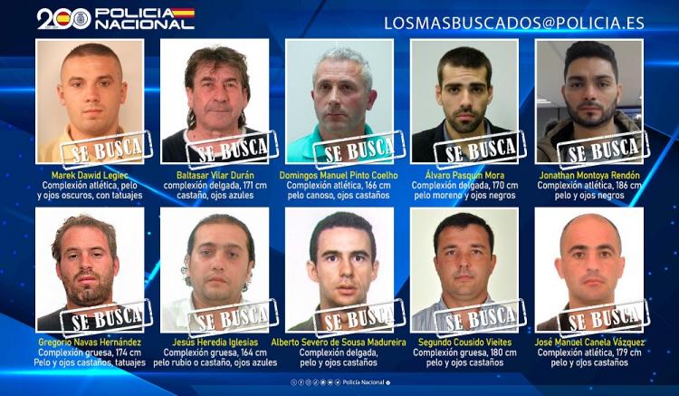 Imagen de los diez fugitivos más buscados distribuida por la Policía Nacional.