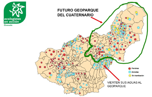 Mapa con las granjas actuales y proyectadas, muchas de ellas en el ámbito del Geoparque.