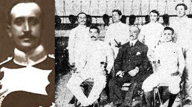 Mauricio Álvarez en 1900 y rodeado de esgrimistas en 1908 (Revista Gran Vida).
