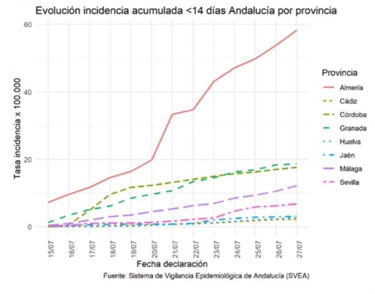 Gráfica con la incidencia acumulada de casos confirmados por PCR en los últimos 14 días.