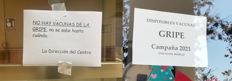 Composición con un cartel en un centro de salud granadino, y el que se puede ver en farmacias.