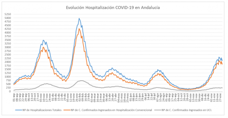 Gráfico distribuido por la Consejería de Salud y Familias con la evolución de las hospitalizaciones.