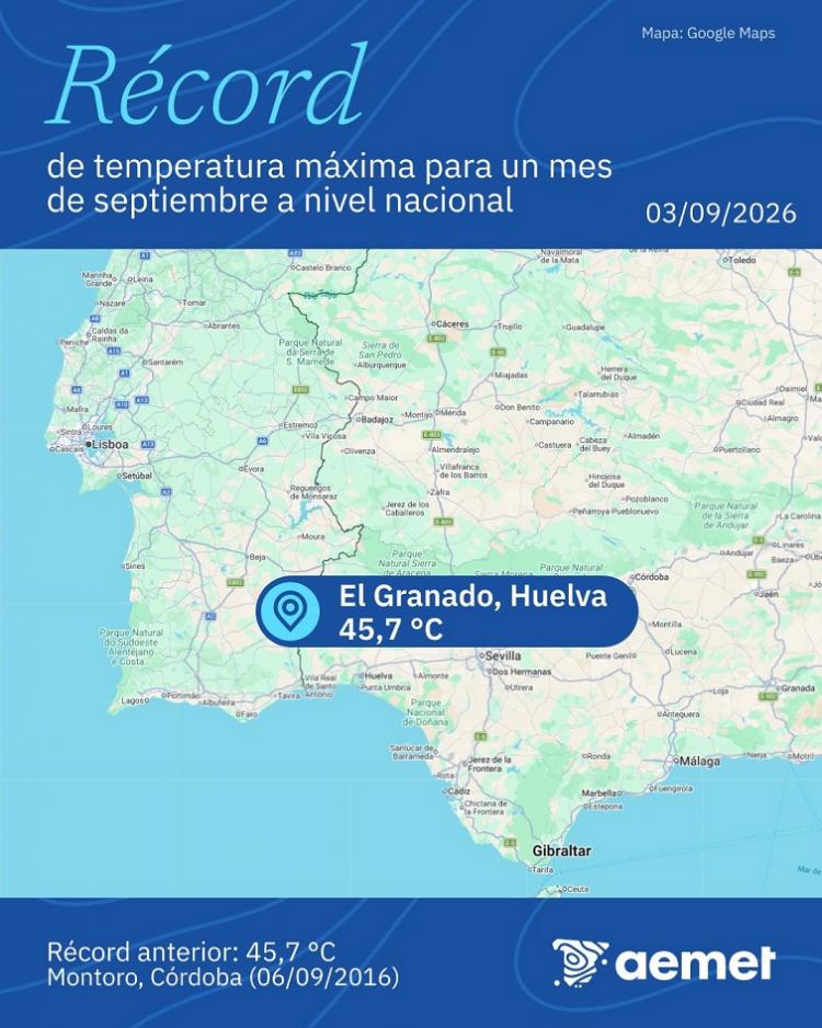 Nota informativa de Aemet sobre el récord histórico de máxima en septiembre en España. 