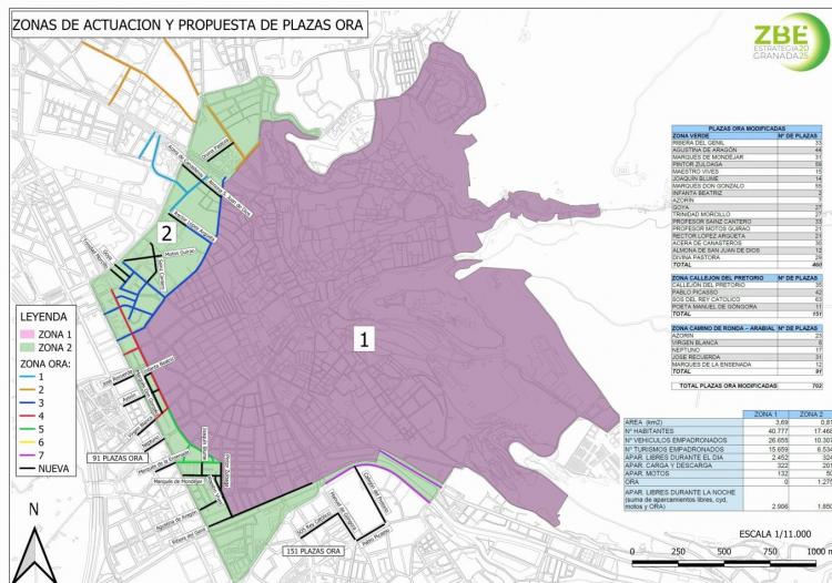 Mapa con la Zona de Bajas Emisiones, en color lila, y la corona en verde para los aparcamientos en rotación.