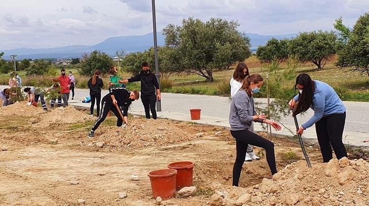 Estudiantes del IES Arabuleila, durante la plantación de arbolado. 