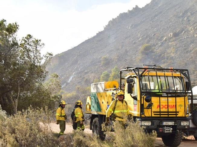 Efectivos del Infoca, en el incendio de Cerro Gordo. 