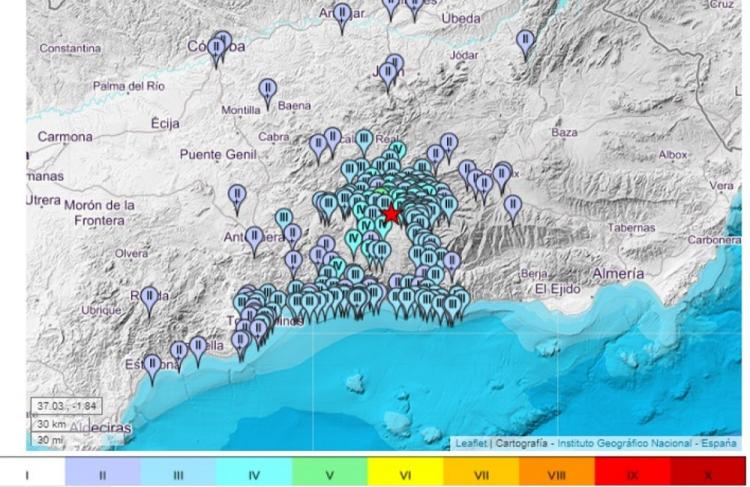 Captura de pantalla con los municipios en los que se ha sentido el temblor. 