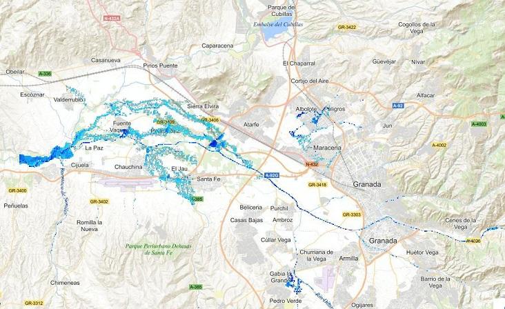 Mapa de peligrosidad por inundación fluvial en periodos de menos de diez años en el área metropolitana.