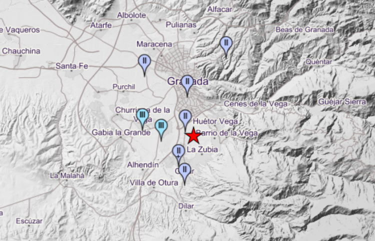 Captura de pantalla de la localización del seísmo de La Zubia y las localidades en las que se ha sentido.
