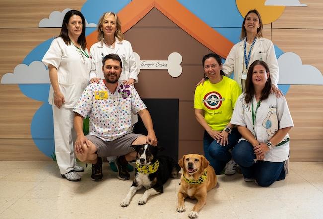 Los perros posan junto a sanitarios delante de su casita.