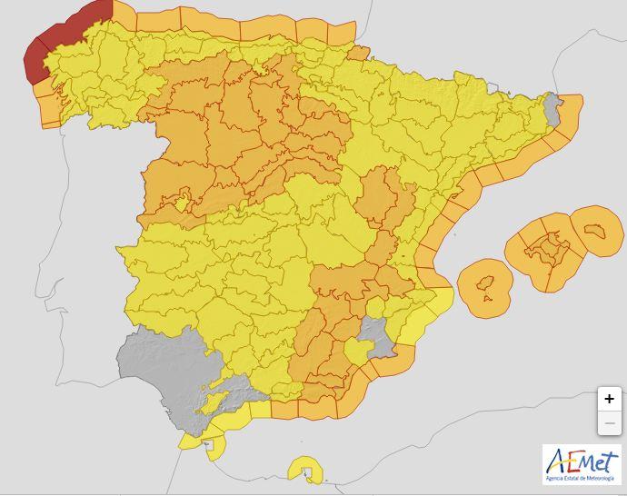 Mapa de avisos meteorológicos para este jueves, que afectan a casi toda España.