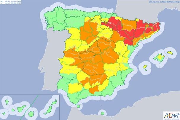 Mapa con con avisos por altas temperaturas Avisos por altas temperaturas en España
