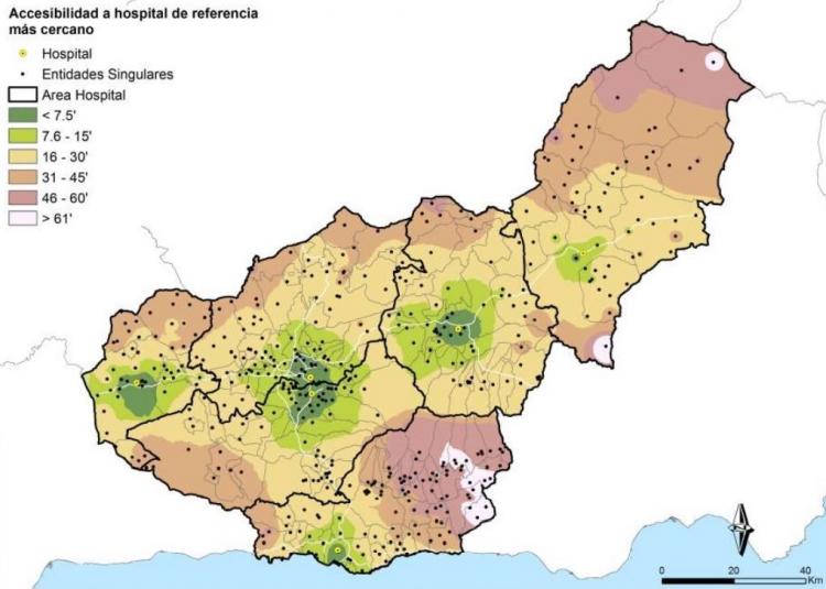 Distancia en tiempo al hospital, con áreas de la Alpujarra (color blanco) y del noreste a más de 60 minutos y otras zonas a más de 45.