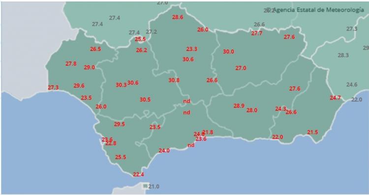 Mapa de temperaturas máximas en Andalucía.