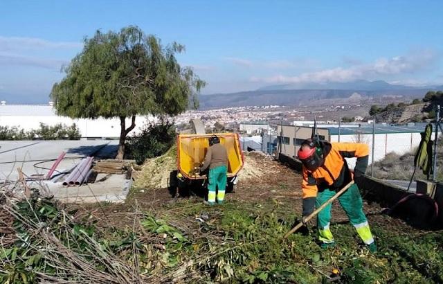 Operarios municipales compostan restos de poda.